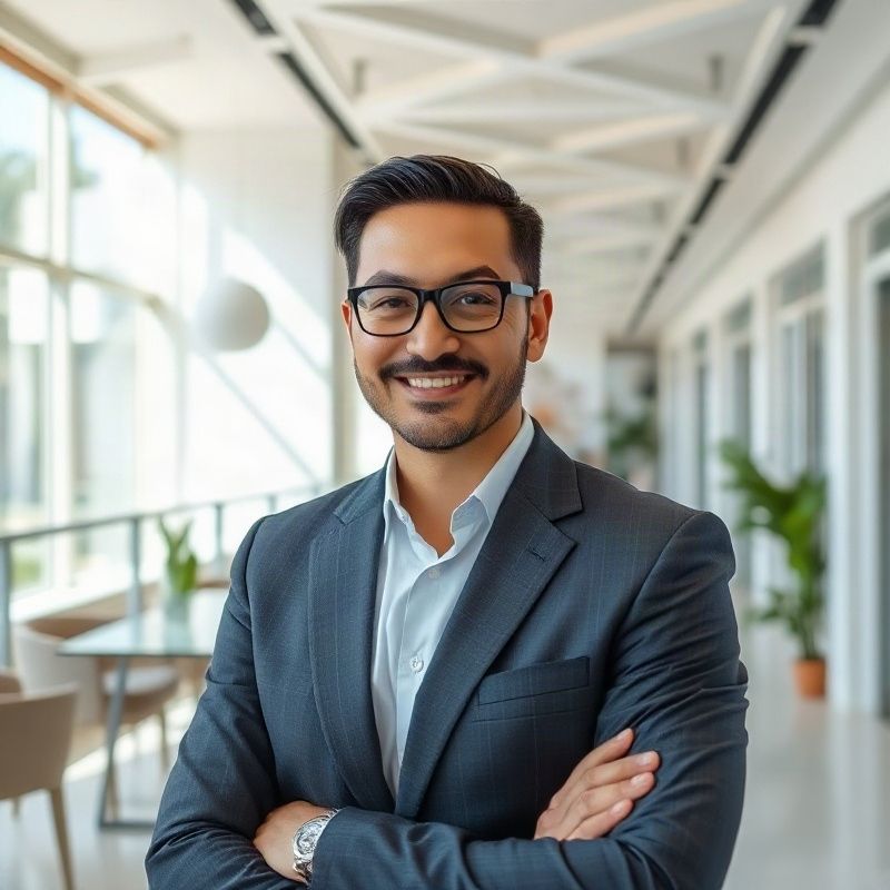 A real estate professional in a bright modern Curitiba office
