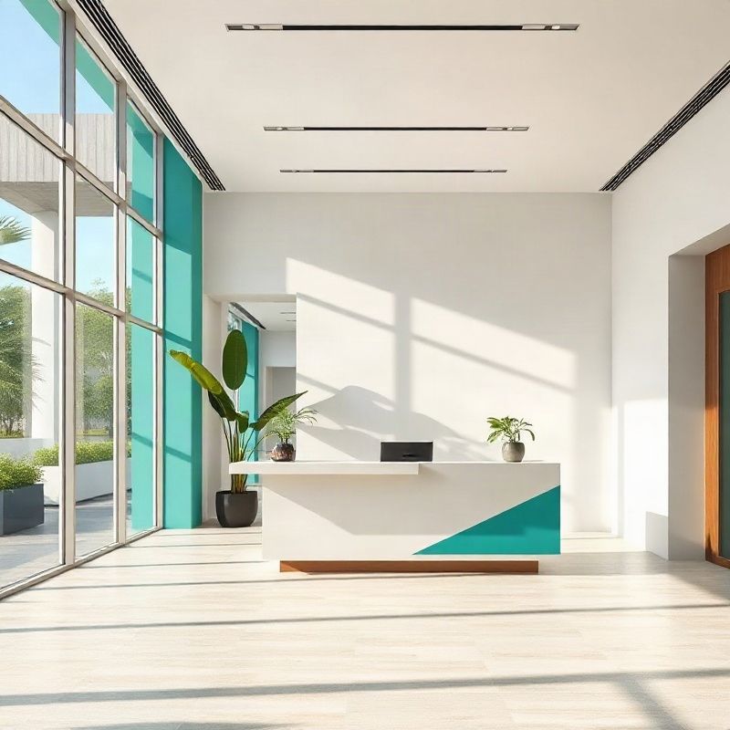 Modern office reception desk with azure decor accents in Curitiba