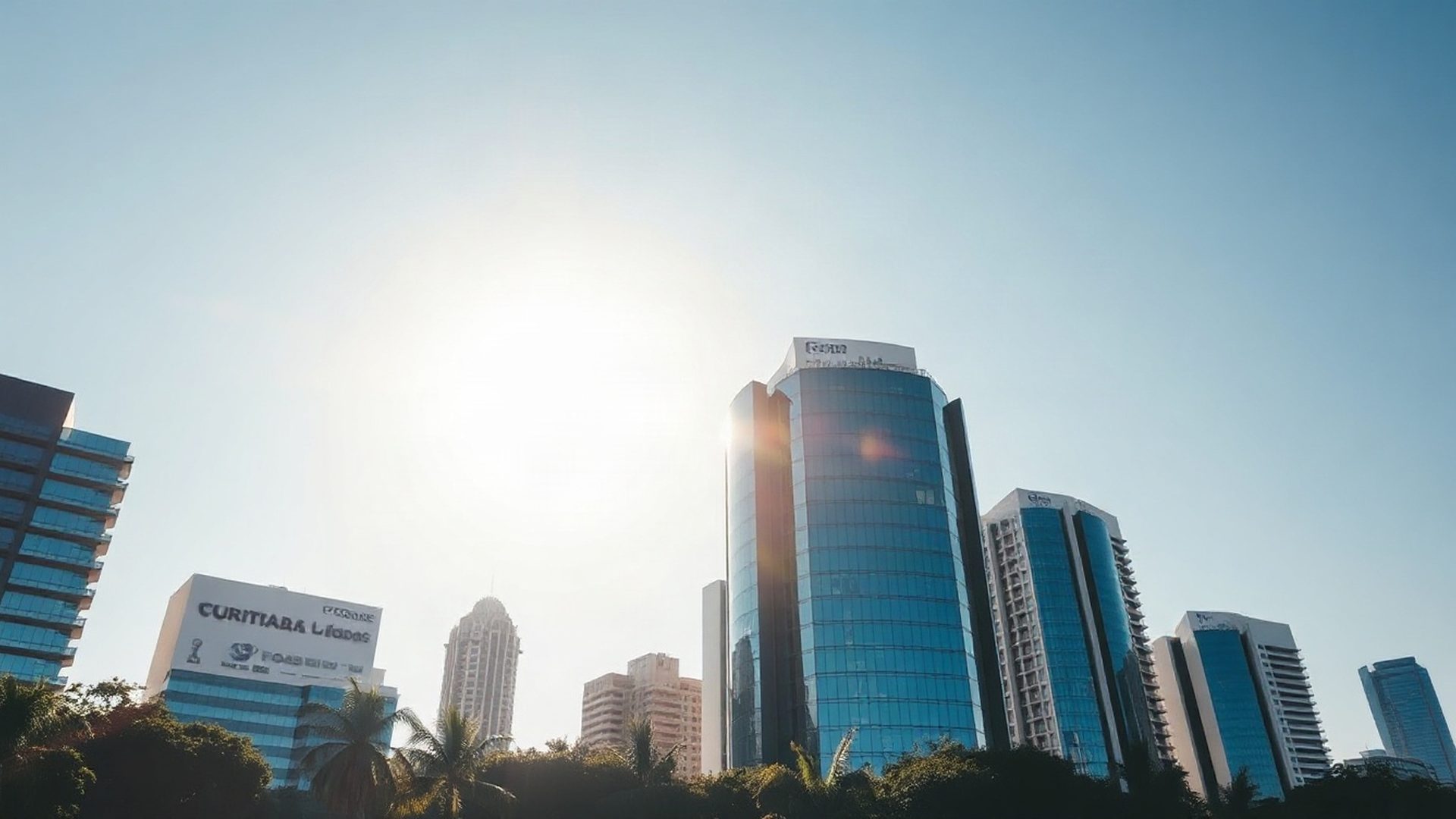 Curitiba modernist skyline under a clear azure sky